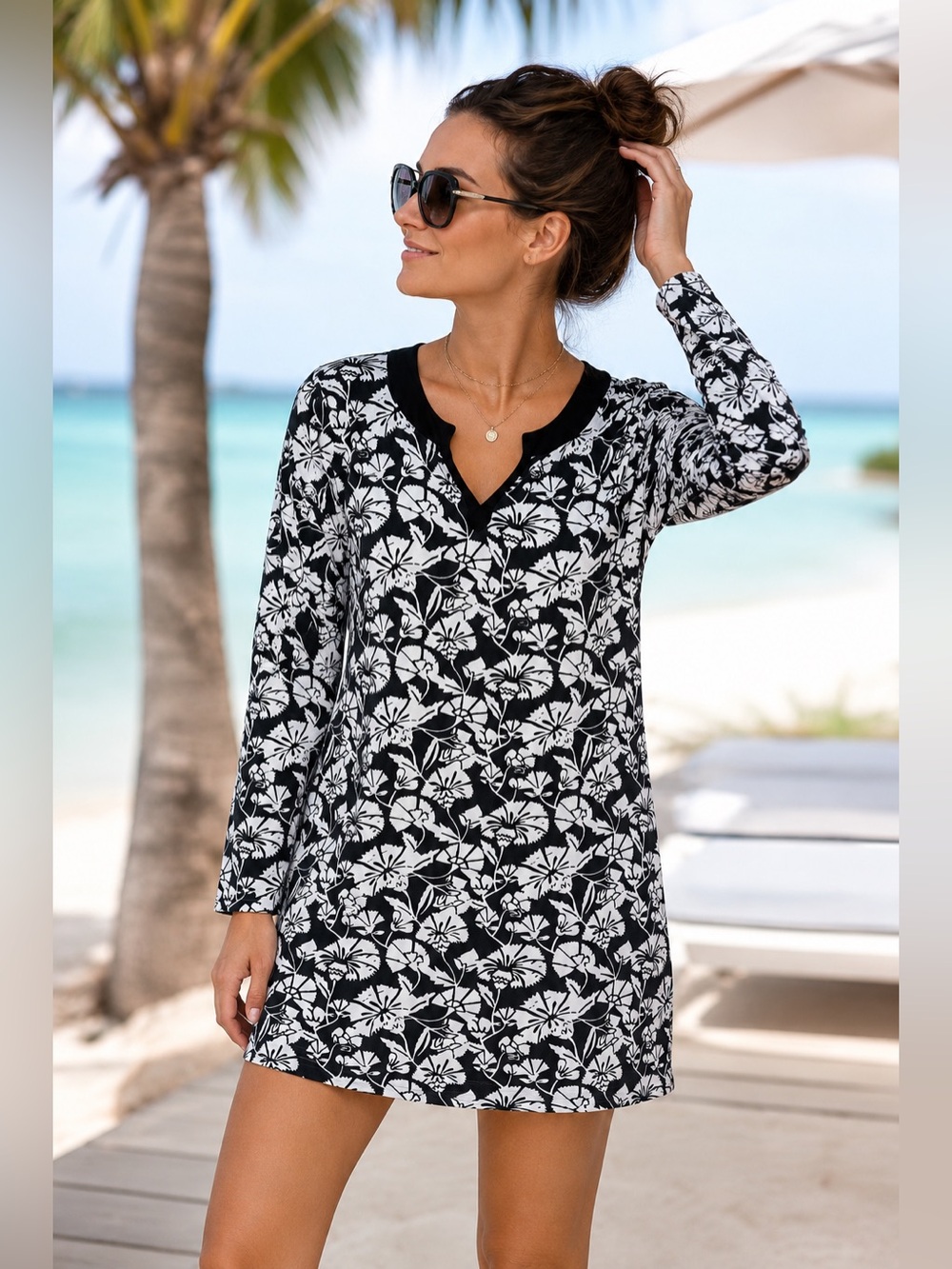 Coolibar Island Tunic Dress | UPF Sun Protective | Black & White Floral | Size M